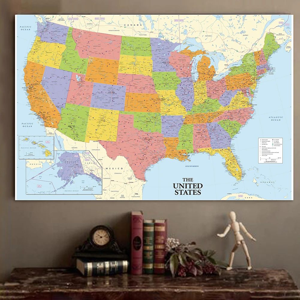 Mappa USA In inglese dettagliata tela Non tessuta pittura Wall Art Poster stampa decorativa soggiorno casa materiale scolastico 120*80cm