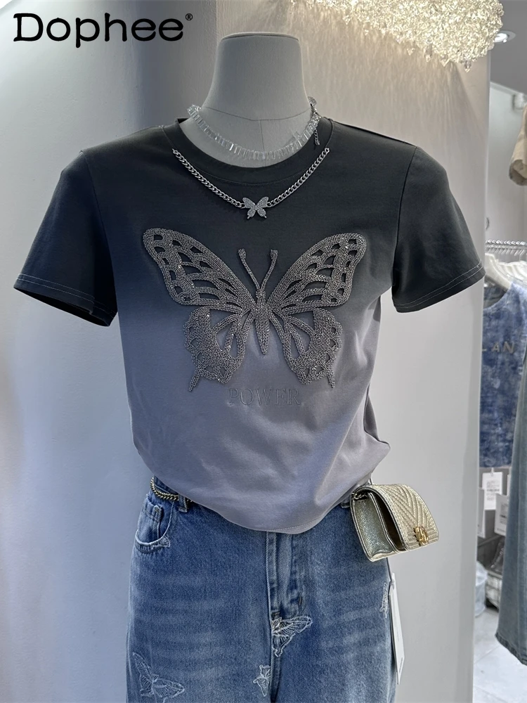 

Fashion Embroidery Butterfly Neck Chain Decoration Cotton Tops 2024 Summer New Slim-Fit Short-Sleeved T-shirt Women Clothes