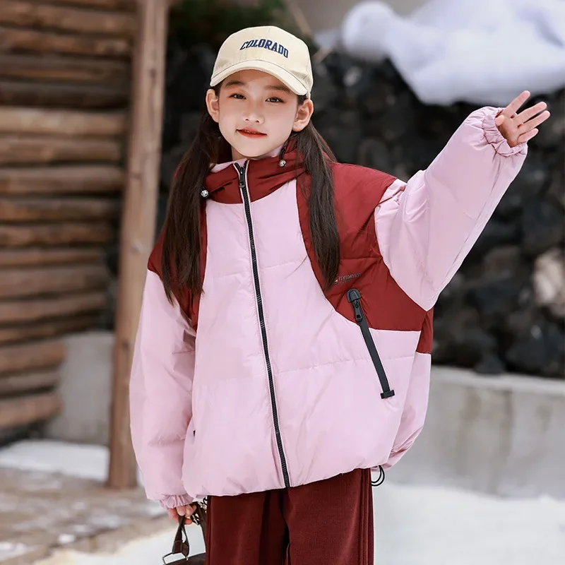 Boys Girls Kids Long Loose Thickened Duck Downjacket Purple Green Children Coat Teenagers Hooded Padded Jacket Clothes Winter