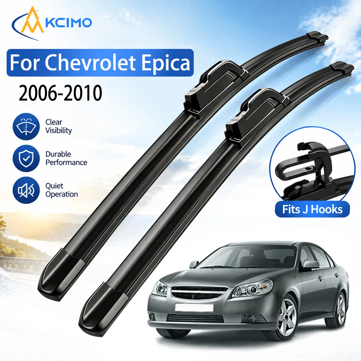 For Chevrolet Epica 2006-2010 Car Windshield Wipers 22"+22" U J Hook Boneless Wiper Blades Soft Rubber Quiet Clear View
