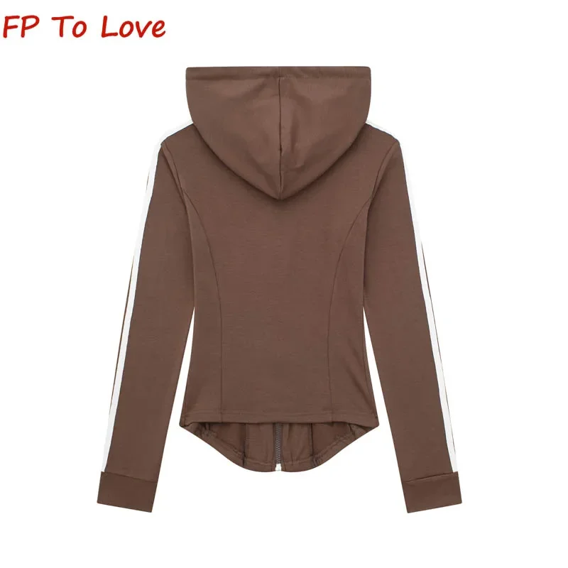 Y2K Colorblocking Drawstring Long Sleeve Hooded Jacket Slim Hundred American Retro Short Sports Sweatshirt Women