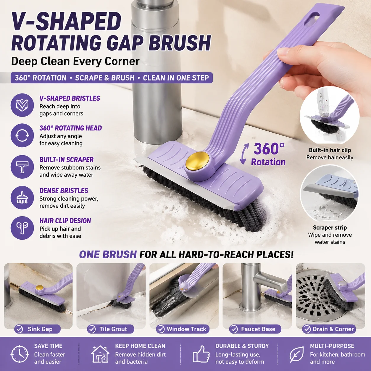 360° Rotating Gap Brush with V-Shaped Bristles, Deep Cleaning Brush for Bathroom Sink Grout Tile Corners Hair Removal Home Tool