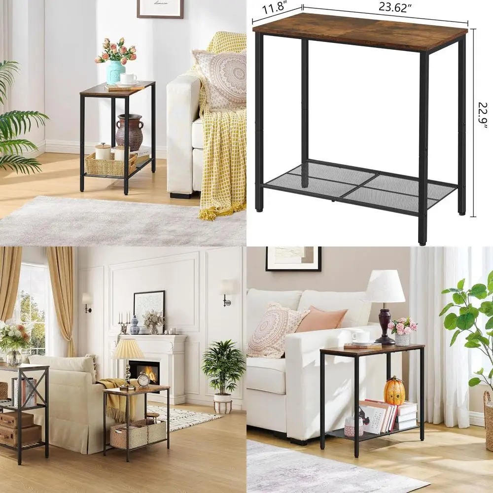 

2-уровневый приставной столик для хранения, коричневый в деревенском стиле, узкий дизайн для небольших помещений, для гостиной и спальни, 2 шт.