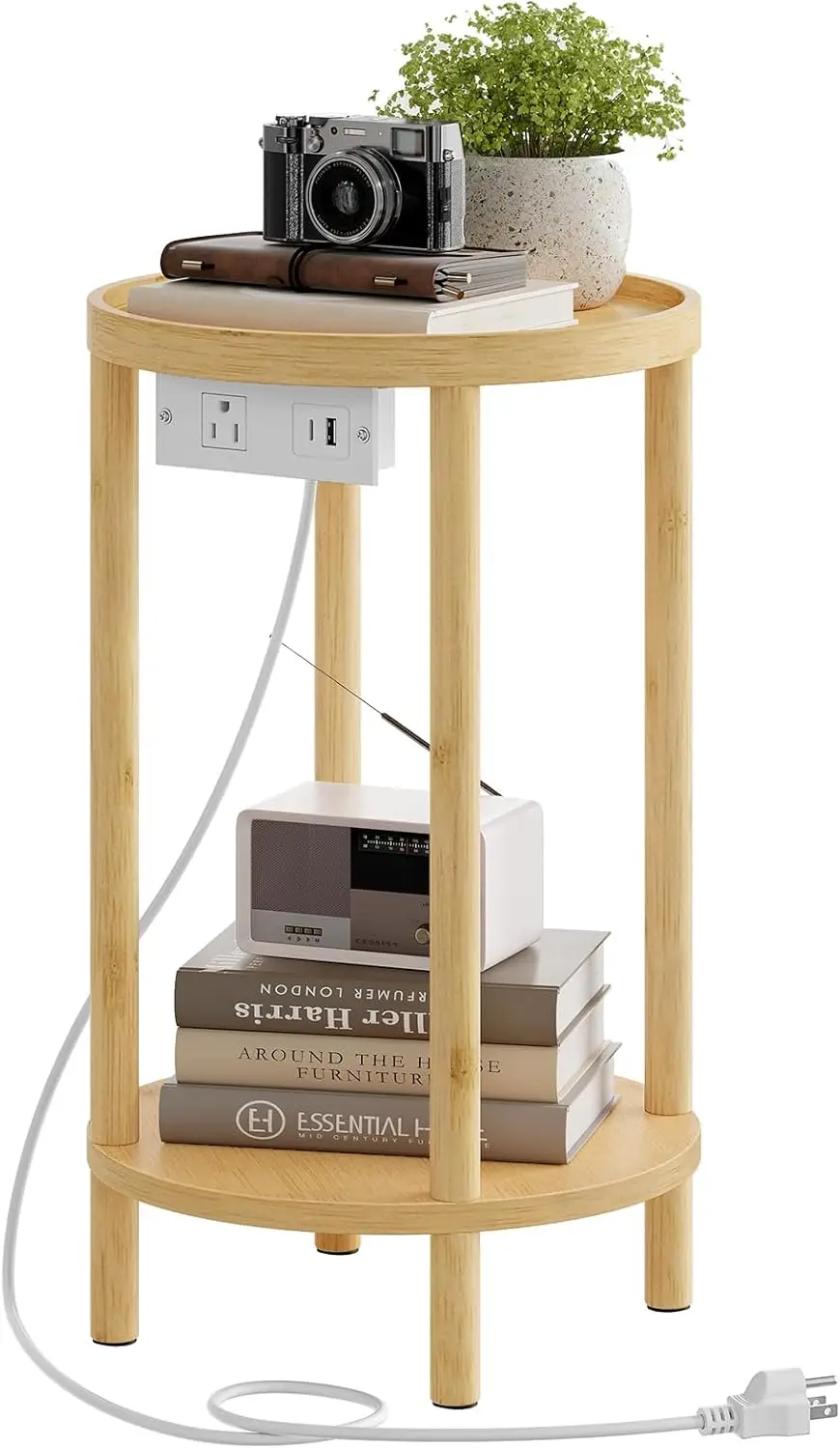 

Small Round Side Table with Charging Station, 2-Tier Round Bamboo End Table, Compact Sofa Bedside Table for Small Space, Easy
