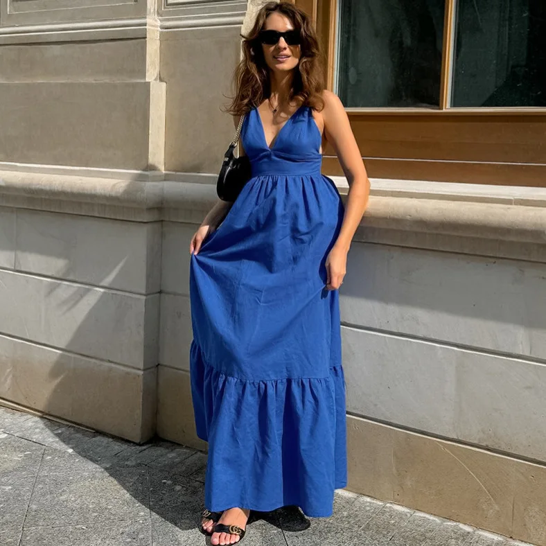 Azul algodão linho V-ne Bal Dr Vaion Sle saia longa cintura alta linha A silhueta Svel Commute Sle