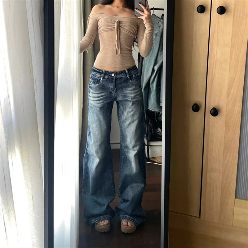 Women\'s Retro Wide Leg Washed Blue Jeans Summer New Cool Girl Straight Bottoms Vintage Casual Trousers Female Mid-Waisted Pants