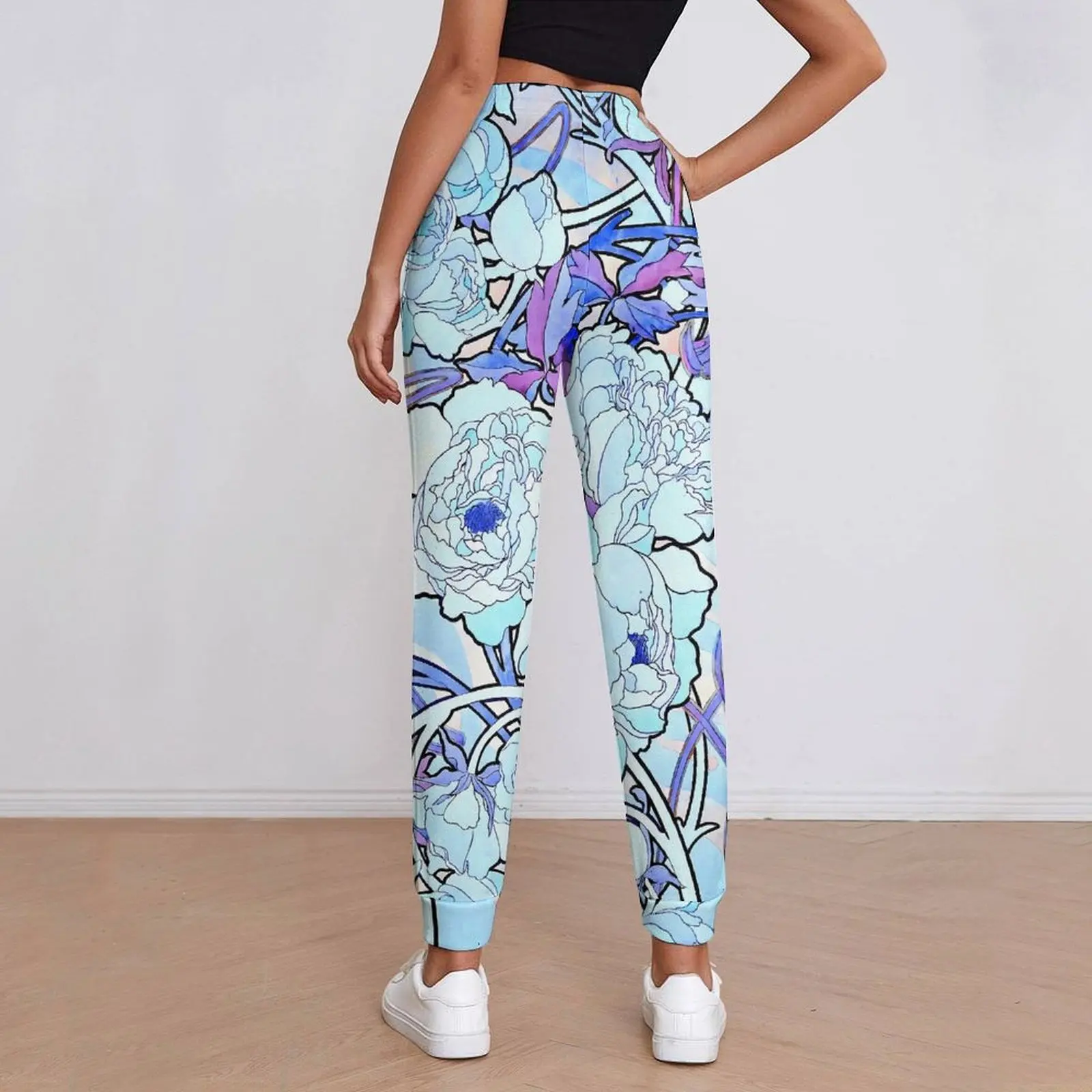 Art Nouveau Pants Peony Flowers Streetwear Sweatpants Autumn Woman Home Printed Oversize Trousers Gift Idea