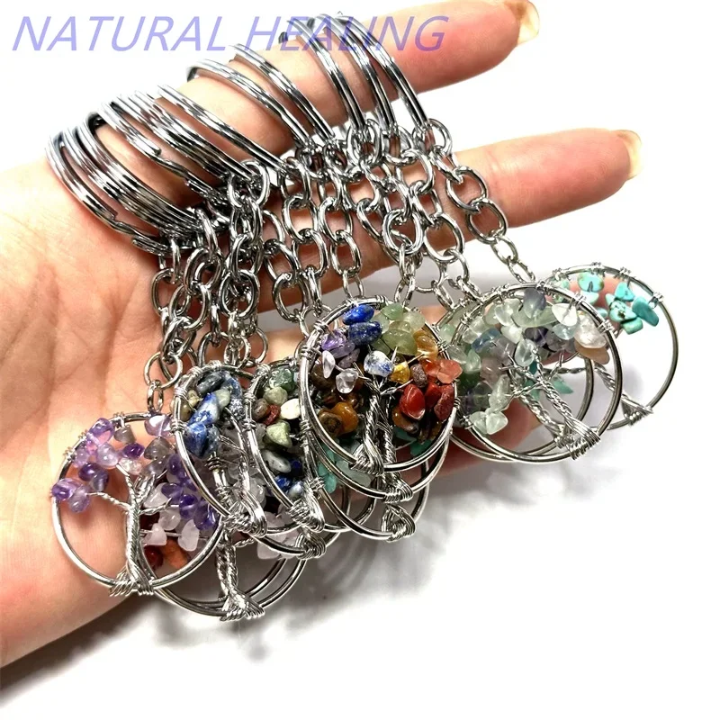 10pcs Women Natural Chip Quart Stone Bead 30mm Heart Round Tree of Life Keychains Lanyard Wholesale Key Rings