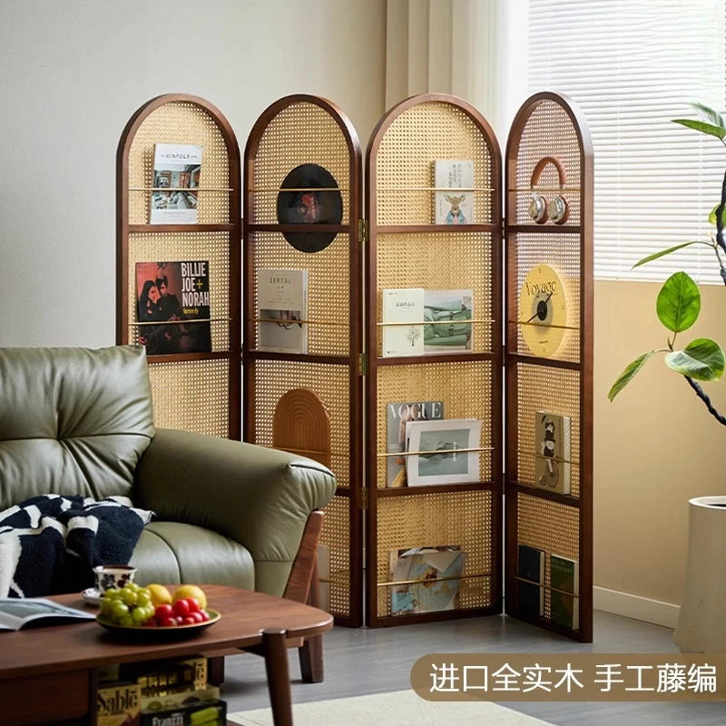 

French retro style folding rattan screen living room solid wood storage bookshelf medieval magazine