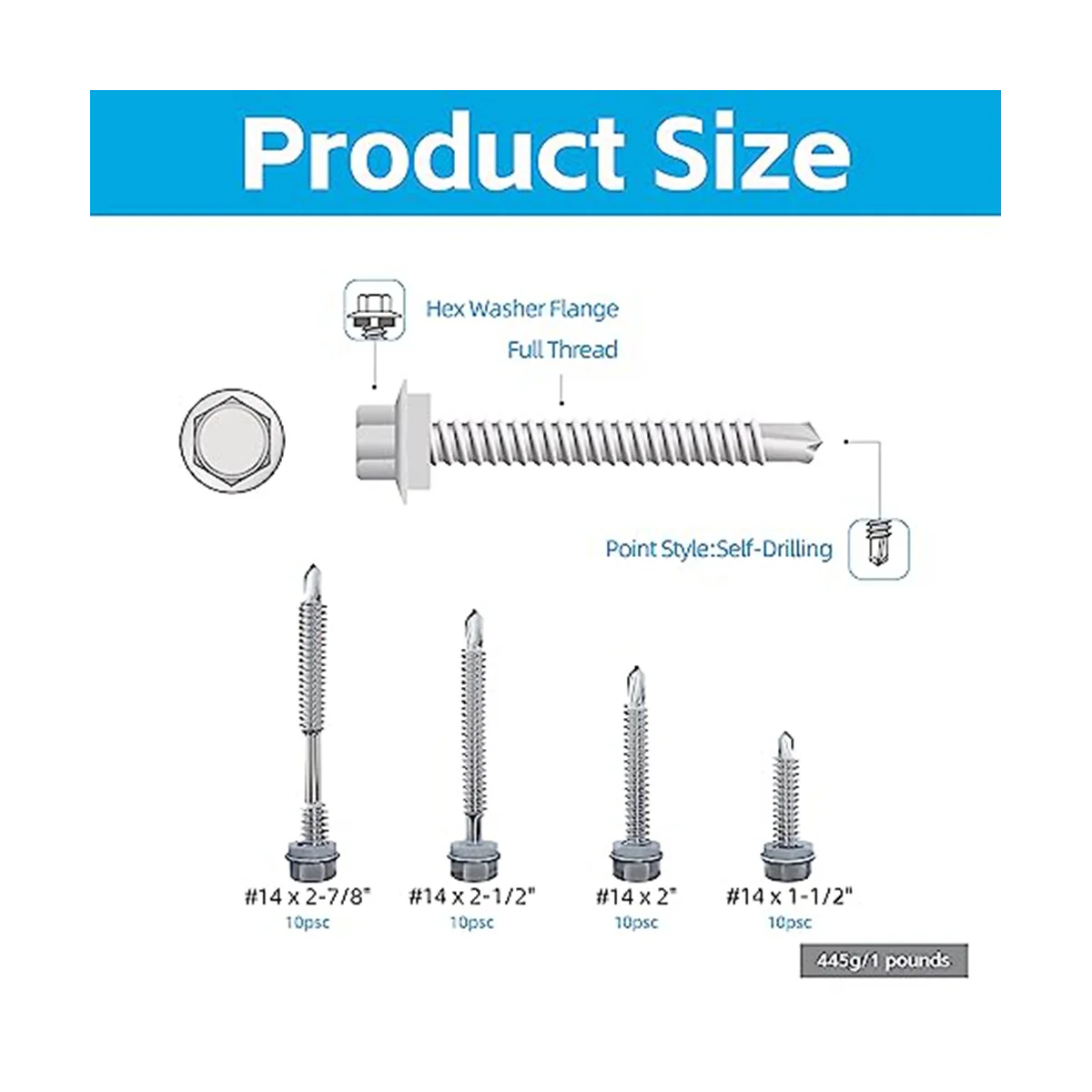 ABNC-40PCS 14 x 1-1/2 Inch to 2-7/8 Inch Self Drilling Screws for Metal,Stainless Steel Sheet Screws,for Building and Repair