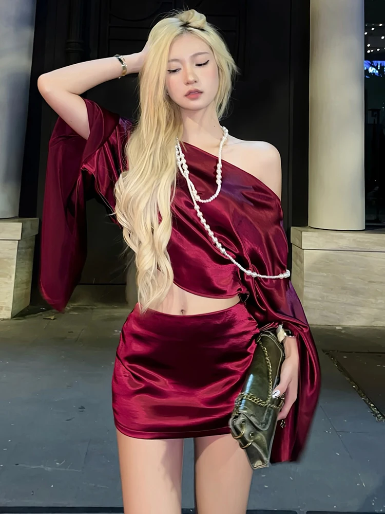 

Cutenew атласный комплект из 2 предметов, женский элегантный сексуальный классический укороченный топ с косым воротником + юбки персикового цвета на бедрах, модная вечерние, банкетная, клубная одежда