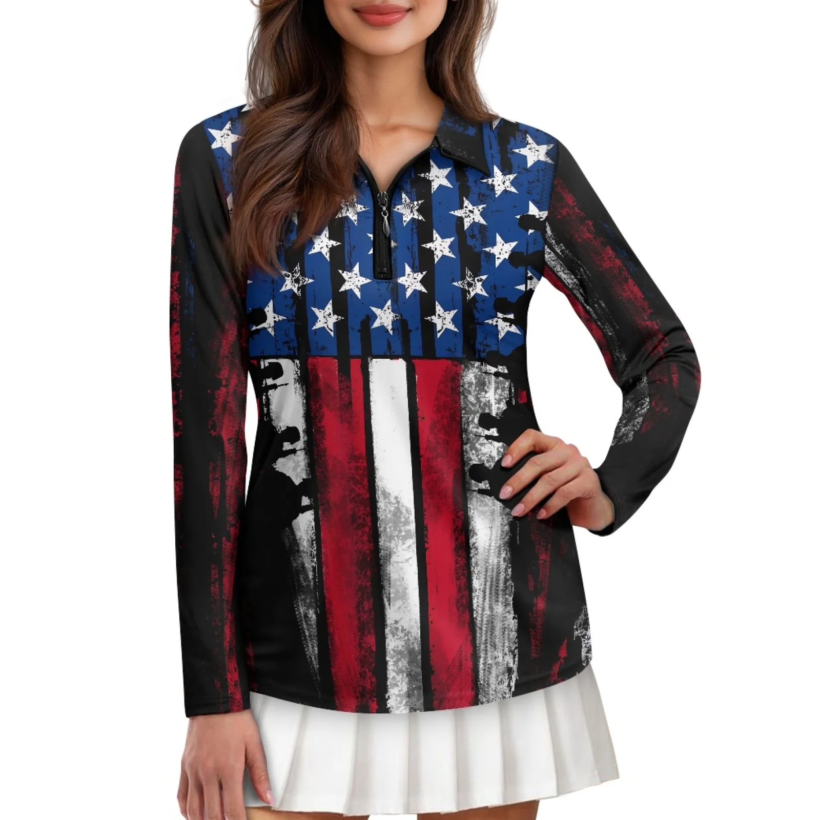 PENSTROLL American Flag Womens Quick Dry Athletic Polo Shirts Long Sleeve Ladies Golf Polo Shirts for Pilates