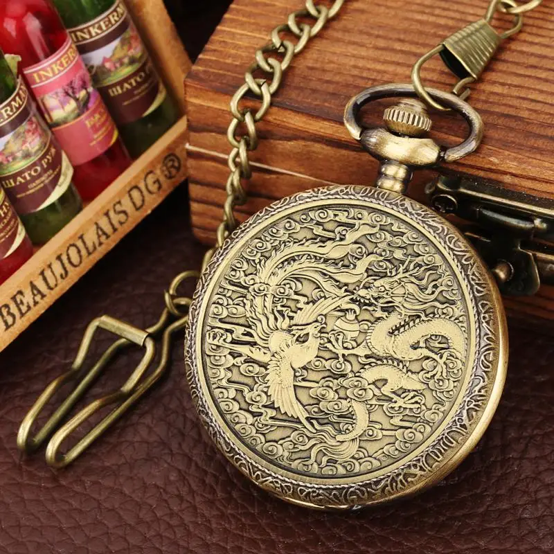 Bronze Plated Coin Zodiac Animal Coins Metal Badge Quartz Retro Dragon and Phoenix Chengxiang  Pocket Watch Necklace Chain Clock