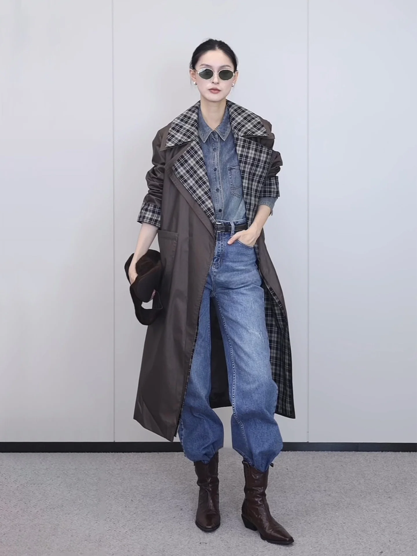 

Jieji Zhang Spring Collection Women's Plaid Double Collar Color Blo Long Coat Vintage Sle Cotton Casual Outerwear