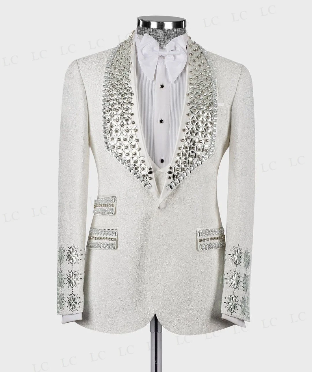 Floral Wedding Groom Diamonds Beading Crystals Men Suits 2 Pieces Blazer Vest One Button Formal Work Wear Plus Size Tailored