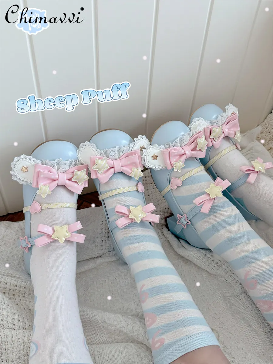 

Lolita Cute Replacement Plush Ears Mid Heel Shoes 2026 Spring and Autumn New Sweet Girl Temperament Princess Mary Jane Shoes