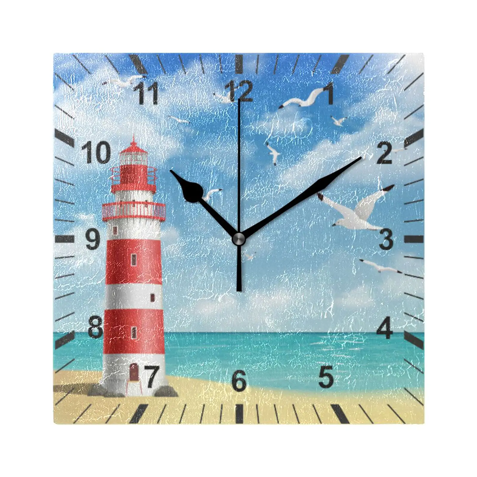 Lighthouse On The Beach With Seagull Square Silent Wall Clock Art Decor Living Room Bedroom Non-Ticking Hanging Wall Watch