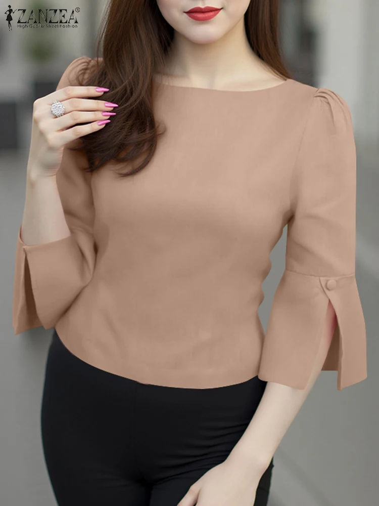 Mode chemises ZANZEA élégant haut pour femme femmes bureau solide Blouse 2025 été manches bouffantes fendu tunique décontracté Blusas Streetwear