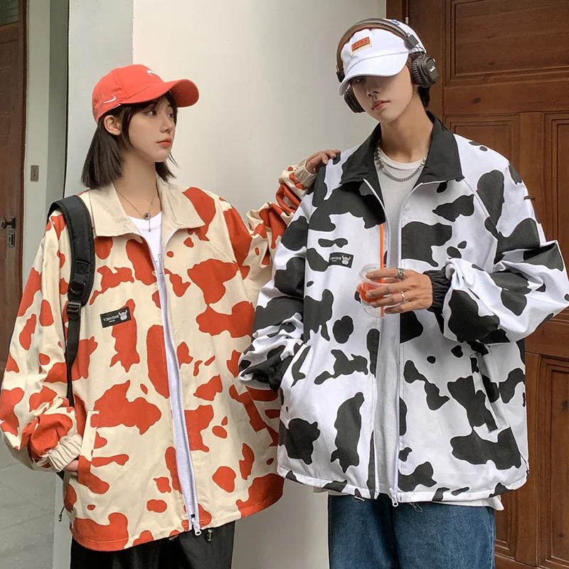 Cow Print Jacket Women Oversize Jackets Harajuku Korean Long Sleeve His-And-Hers Clothes Wear Coat Vintage Loose Streetwear