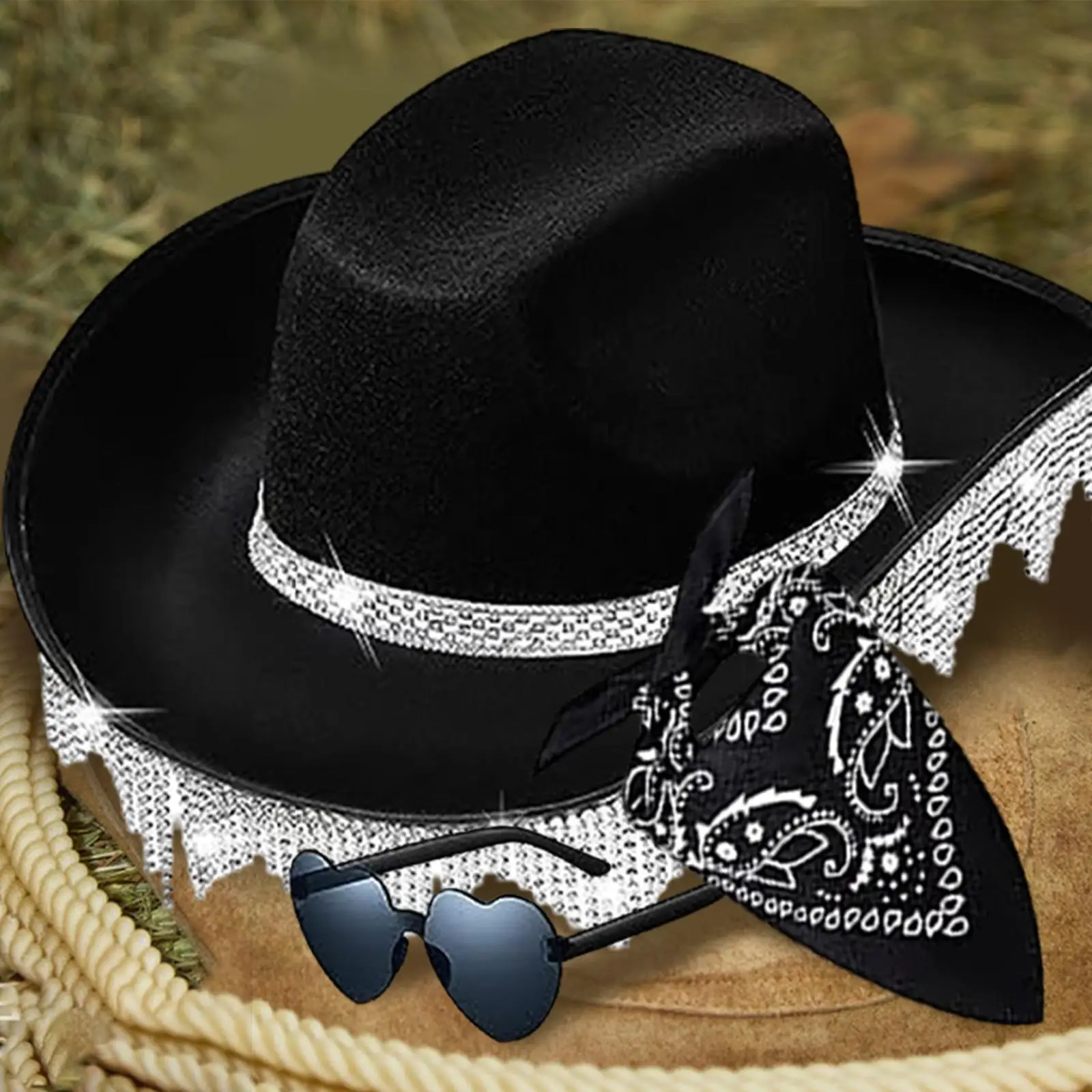 Wide Brim Cowboy Hat with Rhinestone Tassels and Shades for Adults Stage Performance Themed Party Photo Prop Gift Idea