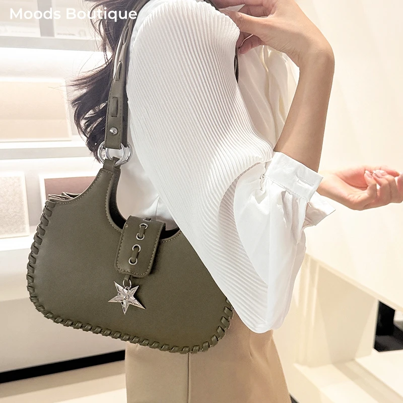 Woven Edge Underarm Shoulder Bags For Women Y2K 2026 Trendy Crossbody Bag With Star Pendant Dual Straps Luxury Designer Handbags