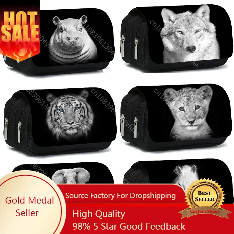 Multifunctional Double Layer Stand Pencil Stationery Case Large Capacity Make Up Bag Gift Black Animal Tiger Lion Cloth Pen Bag