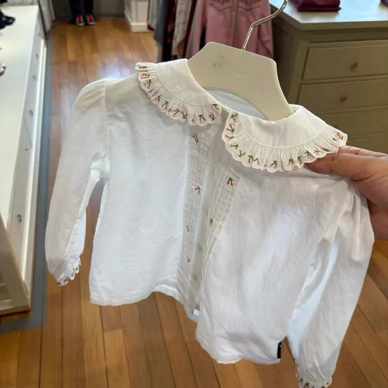 

Предпродажа, осень-зима 2029, белая блузка для маленьких девочек с воротником Питера Пэна и вышивкой, детская эксклюзивная одежда, рубашки для девочек