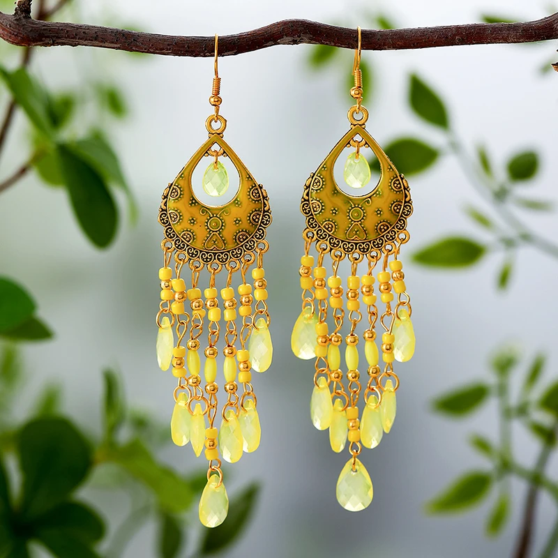 Bohemian Ethnische Lange Antik Gold Farbe Emaille Wasser Tropfen Ohrringe für Frauen Bunte Reis Perle Quaste Ohrring Pendientes Mujer – Detail 9
