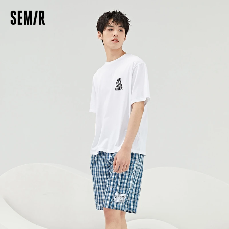 Semir Pajamas Men Pure Cotton Summer Suit Can be Worn Outside Short-Sleeved Shorts Comfortable Home Clothes