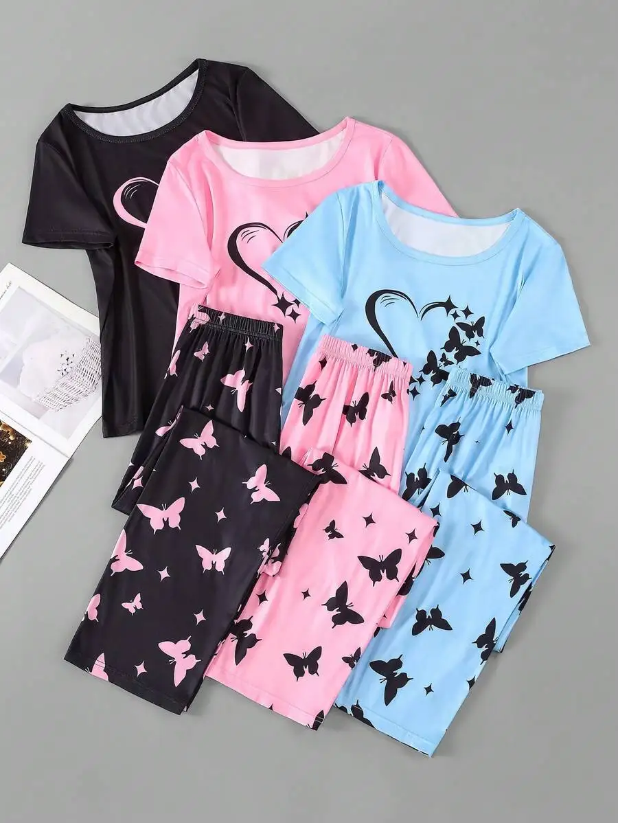 

3-Piece Women's Short Sleeve Pajama Set with Butterfly Print