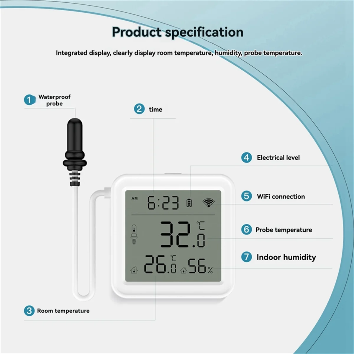 ABJZ Tuya Smart Home WiFi temperatuur- en vochtigheidssensor met 1M externe sonde-app Remote Viewing Temperatuur-vochtigheidsmeter