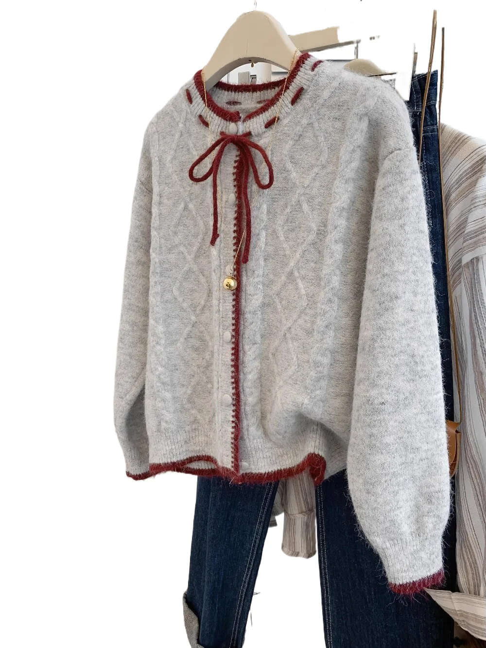 

Spring Autumn New Grey Bow Knitted Sweater Women's Contrast Korean Short Coat Round Neck Elegant Single breasted Cardigan Top