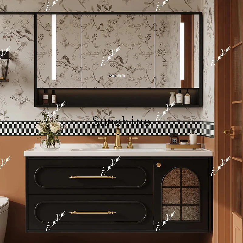 French retro solid wood paint bathroom cabinet combination rock slab ceramic basin bathroom basin  FT