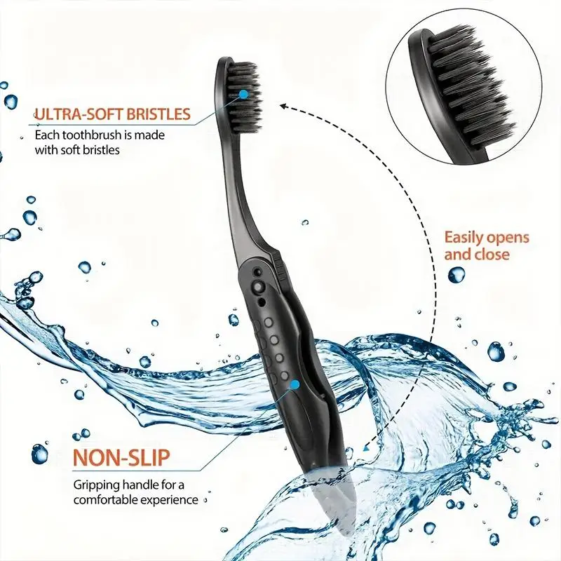 

1/3/5Pcs Portable Black Full-head Manual Folding Travel Toothbrush Medium Bristles Microfiber Unscented Easy To Clean