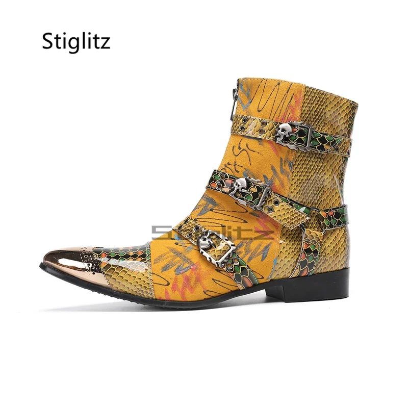 

Мужские ботинки челси с желтым принтом граффити, замшевые кожаные лоскутные ботинки с металлическим острым носком, ботильоны с пряжкой на ремне, мужская обувь