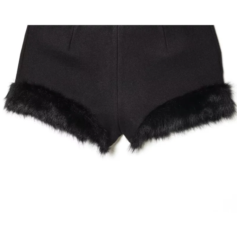 NERHEFZ Damen-Shorts aus Wollmischung mit synthetischem Pelzeffekt, Herbst-Winter-Mode, hohe Taille, schlanke weibliche kurze Hosen