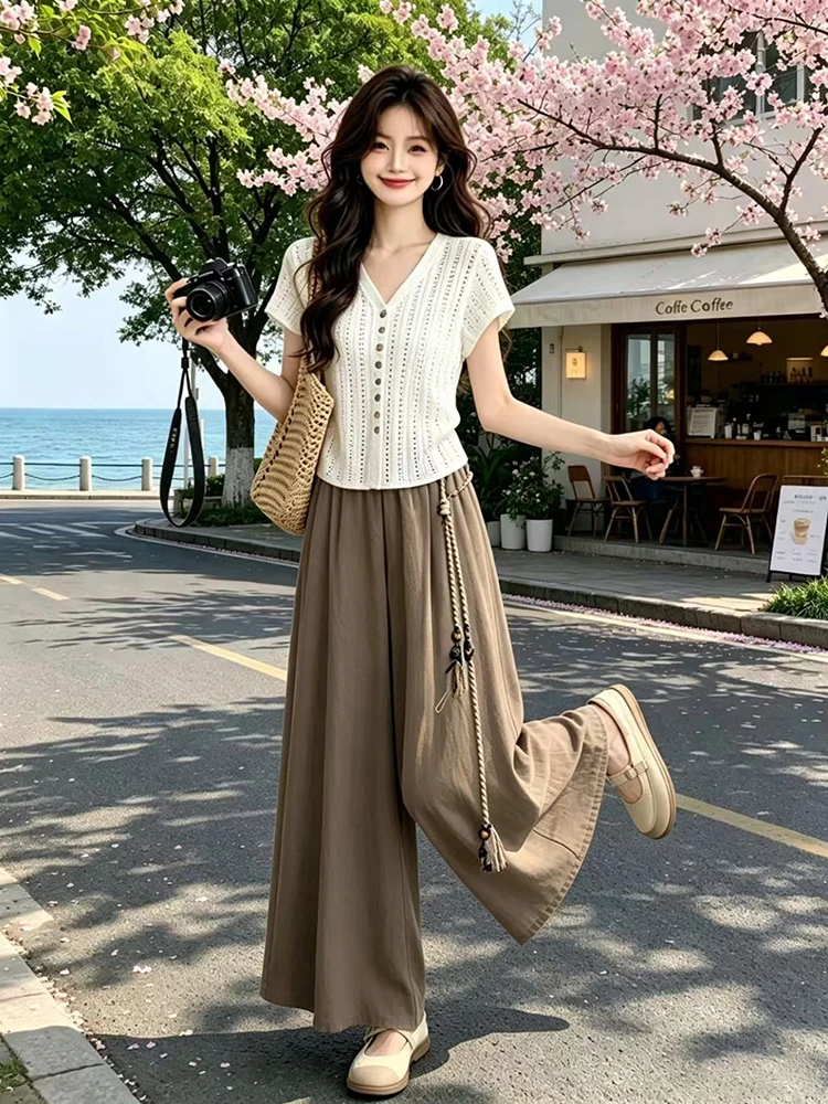 

Summer Style Women's Loose Short Sleeve T-Shirt Set Casual Skirt Pants Conceal Meat Lightweight High Waist Trousers