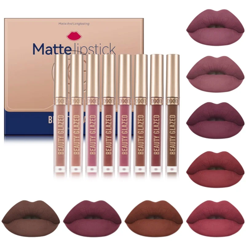 8Pcs/Set Silky Smooth Liquid Lipstick Moisturizing Matte Smooth Waterproof Long Lasting Makeup Waterproof No Fade Maquiagem Gift