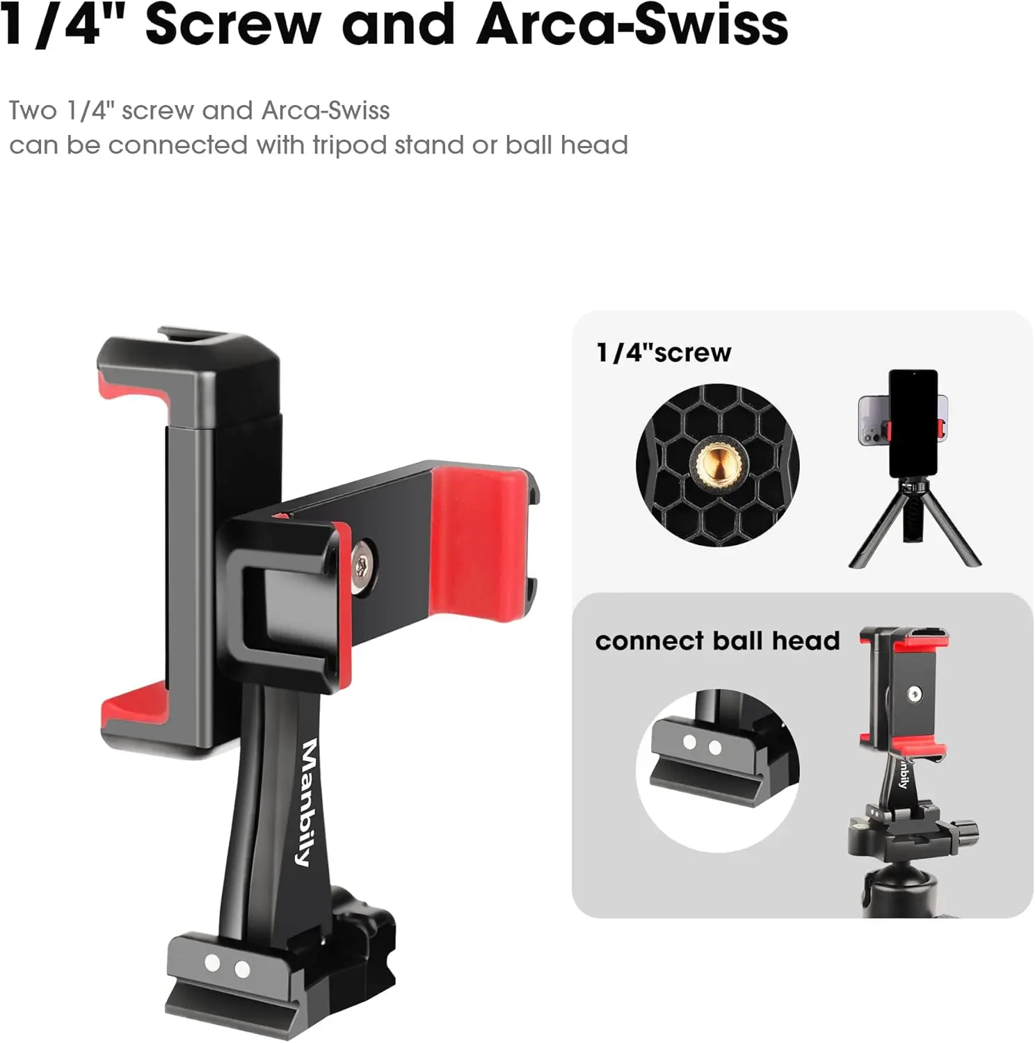 360° Rotatable Dual Cell Phone Holder Clip Clamp 4 Cold Shoe, 1/4\'\' Screw Tripod Monopod Selfie Stick Vlog Live Streaming Video