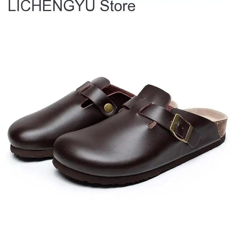 2023 New Fashion Men Beach Cork Slippers Summer Unisex Solid Color Non-slip Outside EVA Waterproof PU Leather Slide Shoe