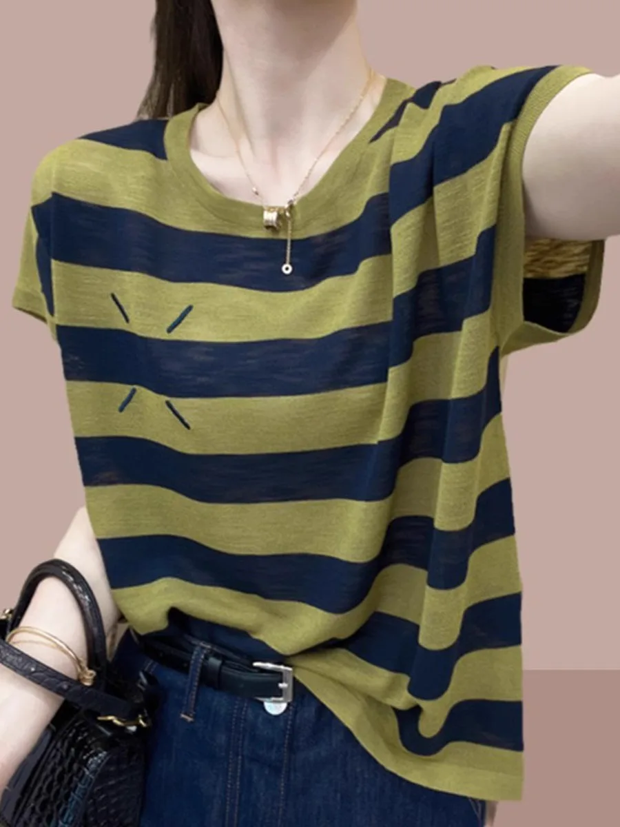 Loose striped short-sleeved T-shirt women's summer explosion thin thin fashion casual foreign style round neck ice silk top