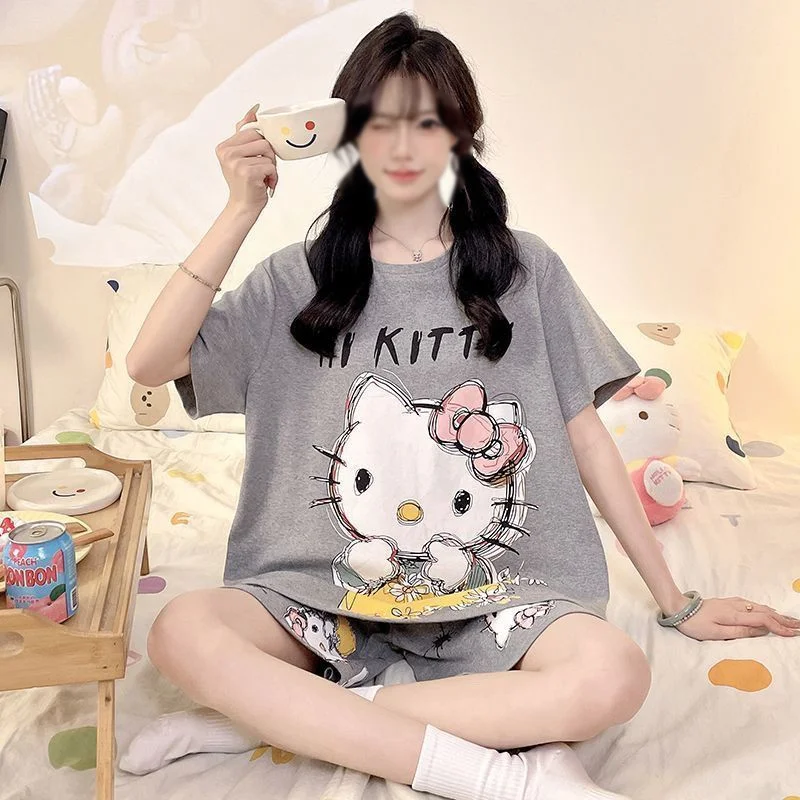 Sanrio Cute Pajamas Set Hello Kitty Pyjamas Shorts Short Sleeve Sleepwear Summer Pijama Anime Nightgown Student Home Clothes New