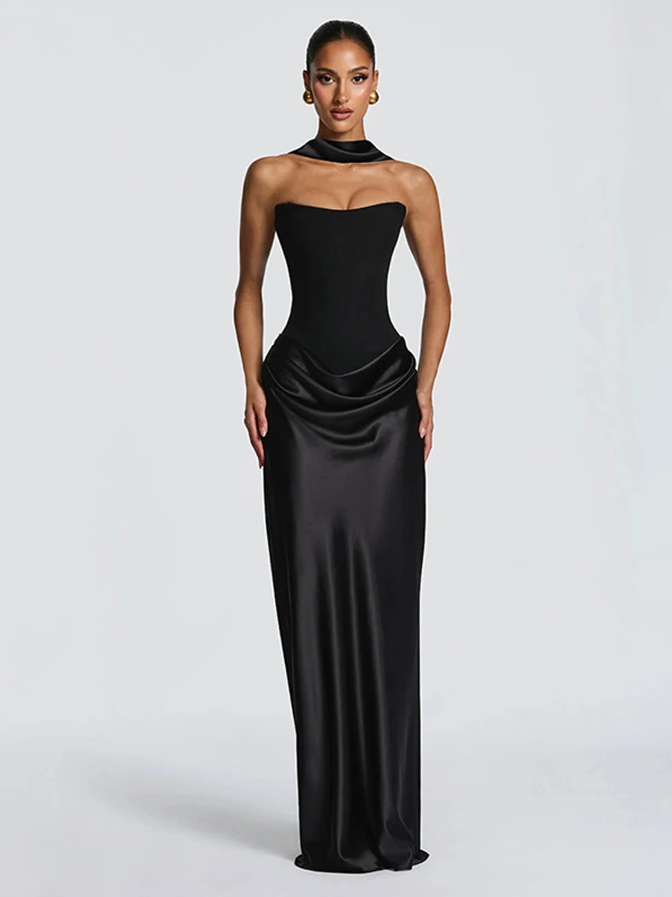 Elegant Off The Shoulder Prom Gowns Fashion Women's Satin Maxi Dress with Scarf Lady Sexy Bodyon Summer Evening Party Dress Long