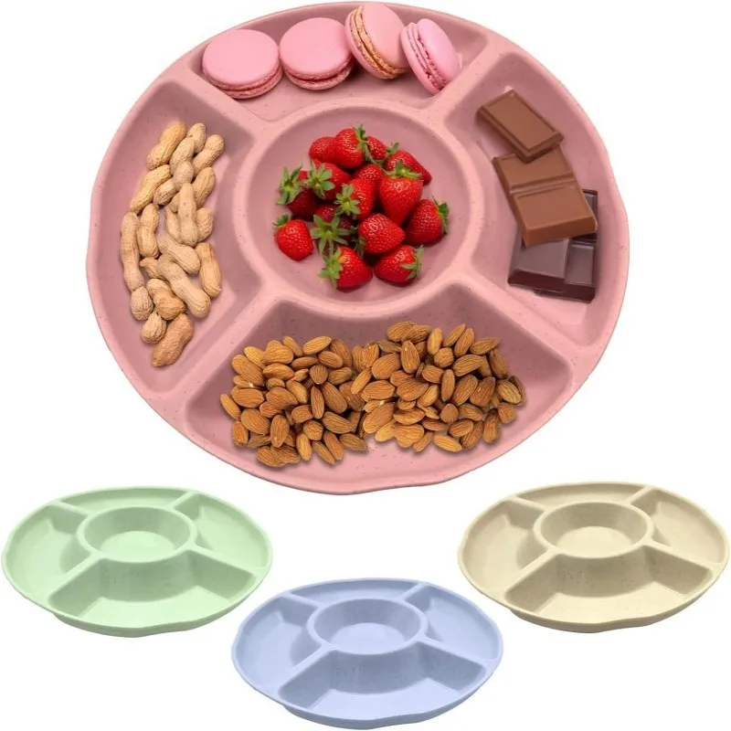 

【4 Pack Divided Snack Plates】5-Section Round Serving Trays for Fruits, Candy, Appetizers - Party Platter for Home & Events