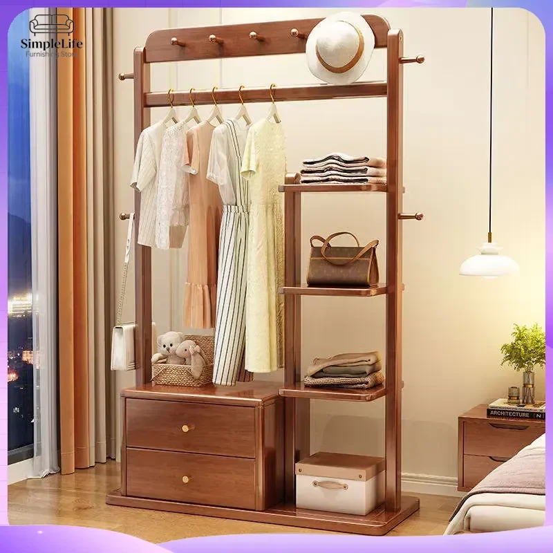 Solid Wood Coat Rack with Drawers Freestanding Hat Stand Bedroom Clothes Hanger Living Room Storage Organizer Furniture