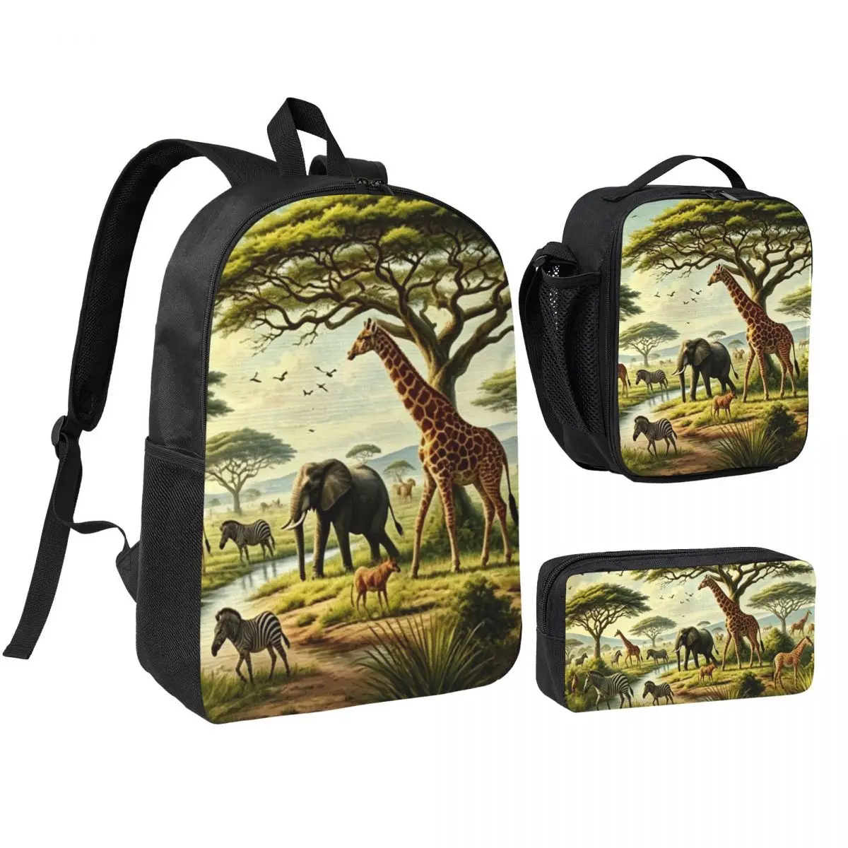 African Savanna Wildlife Theme Backpack Boys Girls BookBag School Bag Shoulder Bags 3ps Insulated Lunch Bag Pencil Case