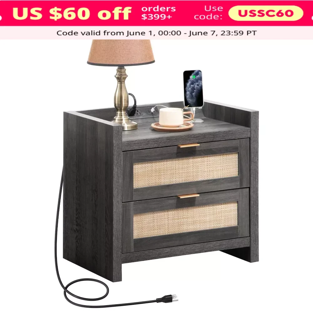 

Nightstand Bedside Table with USB Type-C Charging Station, with 2 Rattan-Like Drawer, Boho End Side Table