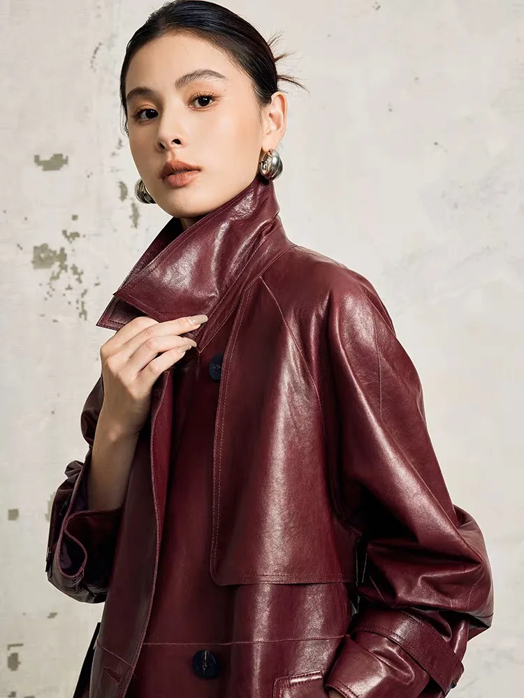 Giacca in vera pelle per abbigliamento donna Cappotto da cintura con colletto sartoriale chic femminile Mujer Oversize Novità in capispalla doppio petto