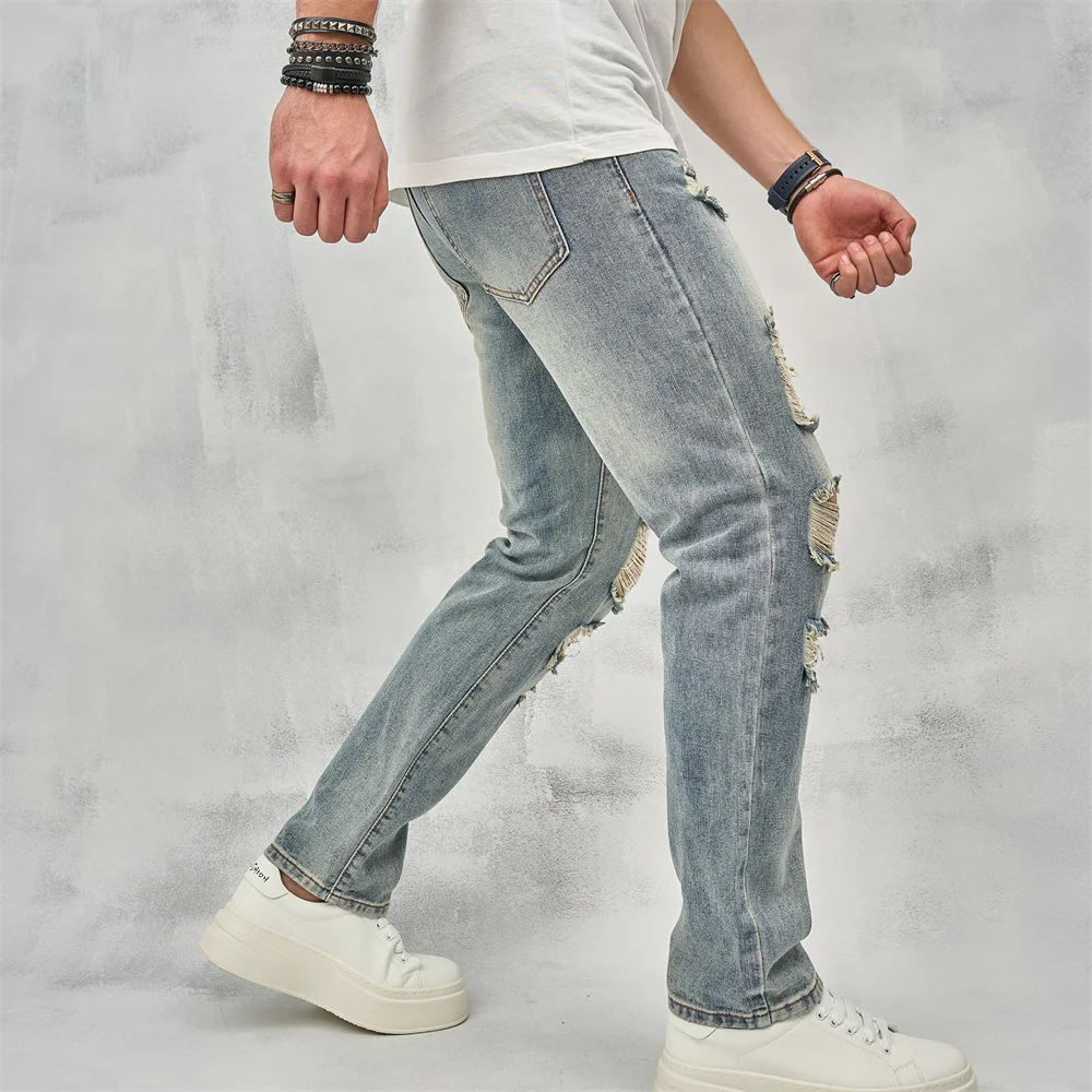 Streetwear Men Spring Loose Holes Distressed Straight Jeans Pants Stylish Retro Male Casual Denim Trousers