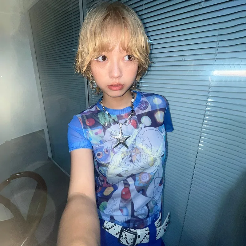 Karrram Japanese Y2k Anime Print T-shirt 2000s Harajuku Short Sleeve Mesh Top Vintage Aesthetics Dreamcore Blue Sheer Top E-girl